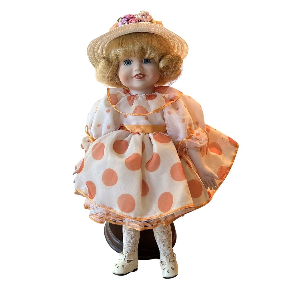 Vtg QVC Porcelain Clara Doll Blonde Blue Eyes Peach Polka Dot Dress Hat Stand